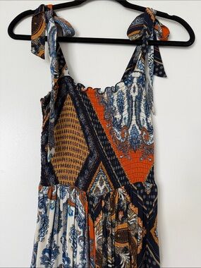 H&M Navy Blue Orange White Patterned Tie-Shoulder Jumpsuit Romper